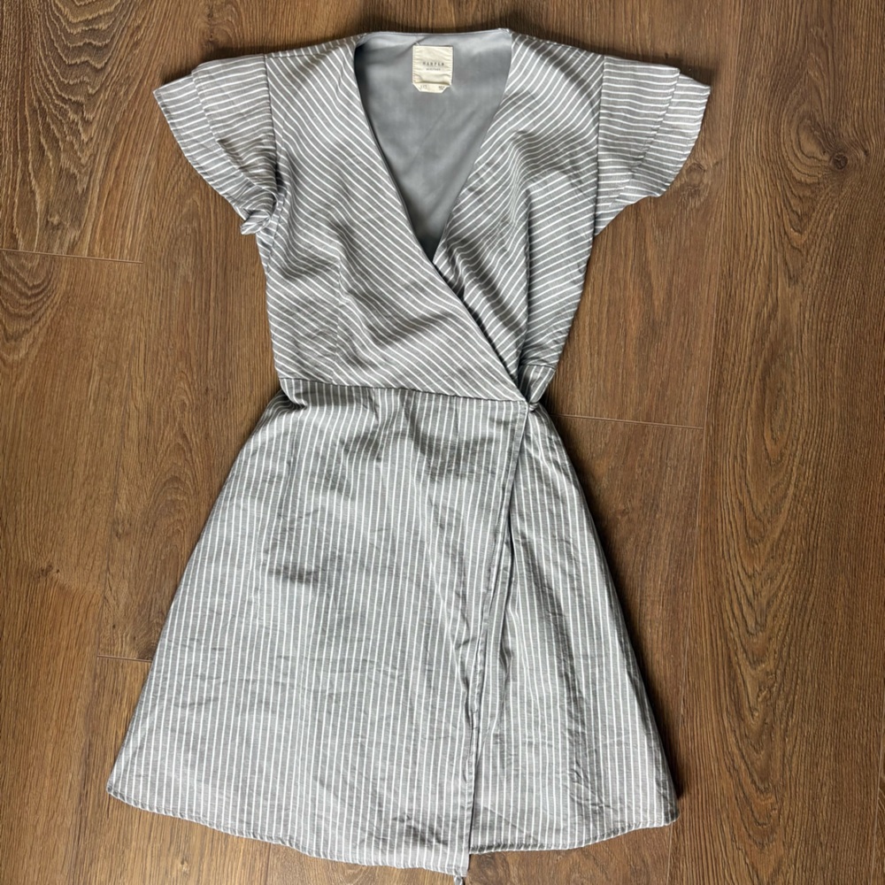 Francesca’s Gray Striped Wrap Dress